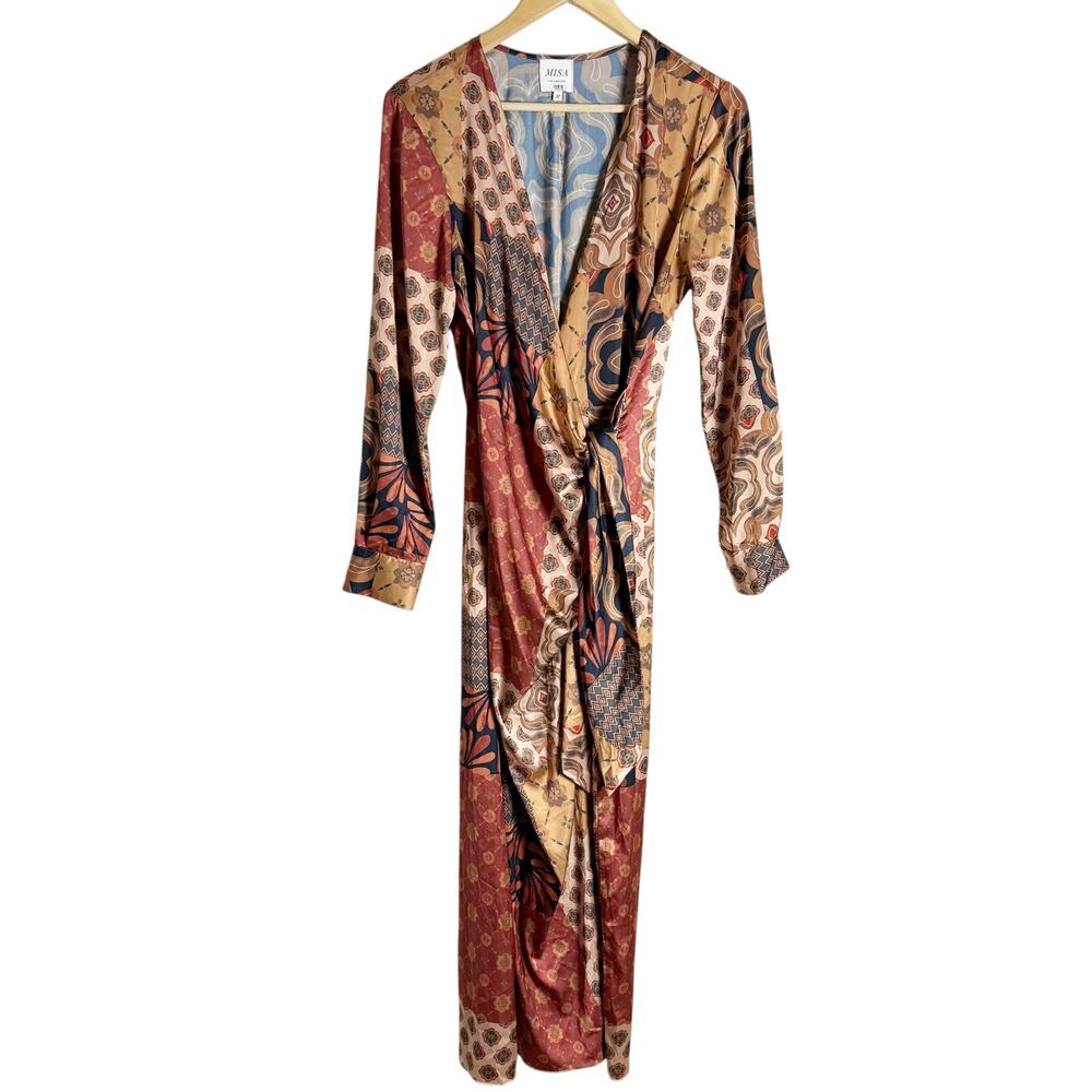 MISA Eliza Patchwork Print Long Sleeve Tie Waist Boho Wrap Midi Dress Size M - Picture 6 of 16
